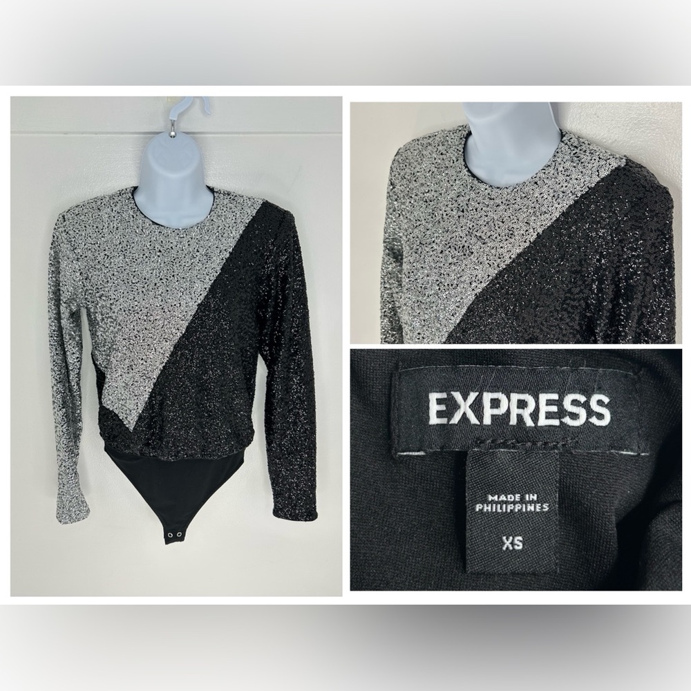 EXPRESS Color Block Sequin Strong Shoulder Thong Bodysuit Size XS Party Festival